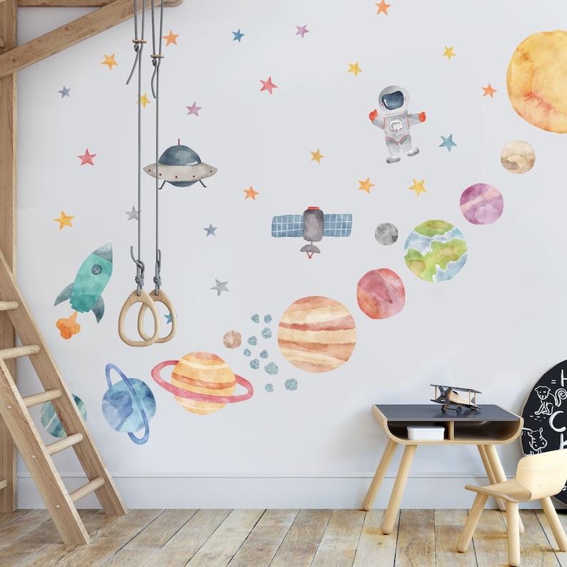 Space Wall Decals, Watercolor Solar System, Nursery Decals, Planet Wall Decals, Stars, Planets, Astronaut, Kids Wall Decals, Peel and Stick image 8