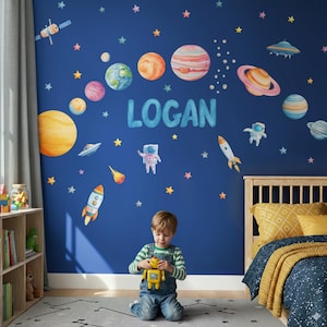 Personalized Space Wall Decals, Watercolor Solar System, Planet Wall Decals, Stars, Planets, Astronaut, Kids Wall Decals, Peel and Stick
