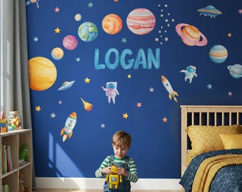 Personalized Space Wall Decals, Watercolor Solar System, Planet Wall Decals, Stars, Planets, Astronaut, Kids Wall Decals, Peel and Stick