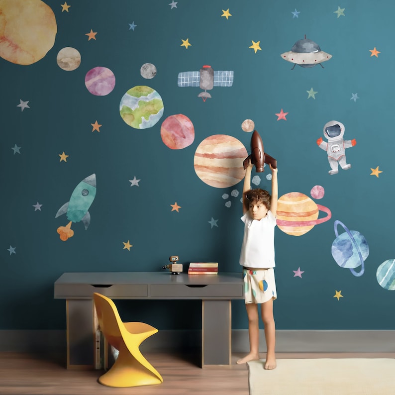 Space Wall Decals, Watercolor Solar System, Nursery Decals, Planet Wall Decals, Stars, Planets, Astronaut, Kids Wall Decals, Peel and Stick image 1