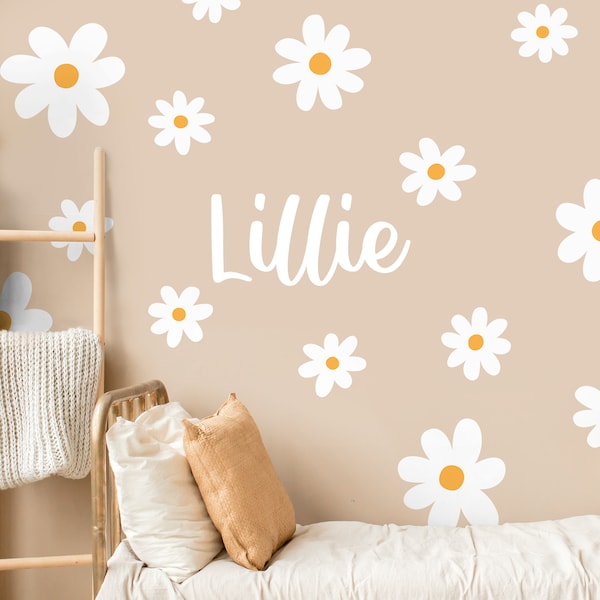 Personalized Daisy Flowers Wall Decals, Boho Nursery Decor, Kids Room Wall Art, Daisy Flower Wall Stickers