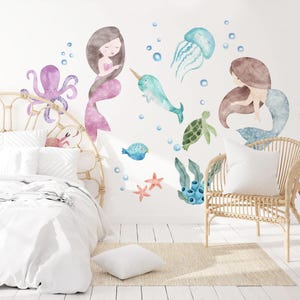 Set de calcomanías de pared de sirena en acuarela: animales marinos, peces, decoración infantil