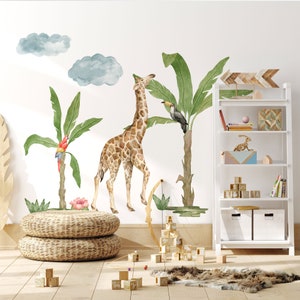 Safari Giraffe Watercolor Wall Decal, Safari Animals Watercolor Wall Sticker, Safari Jungle Wall Stickers, Nursery wall decal