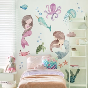 Watercolour Mermaid Wall Decal Set, Sea Animals Wall Decal, Under the Sea Stickers, Fish Wall Stickers, Nursery Wall Decal, Sea World