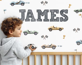 Personalized Watercolor Race Car Wall Decals: Vintage Nursery Decor