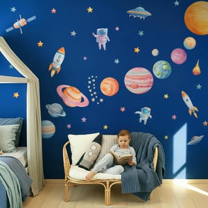 Space Wall Decals, Watercolor Solar System, Nursery Decals, Planet Wall Decals, Stars, Planets, Astronaut, Kids Wall Decals, Peel and Stick