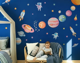 Space Wall Decals, Watercolor Solar System, Nursery Decals, Planet Wall Decals, Stars, Planets, Astronaut, Kids Wall Decals, Peel and Stick