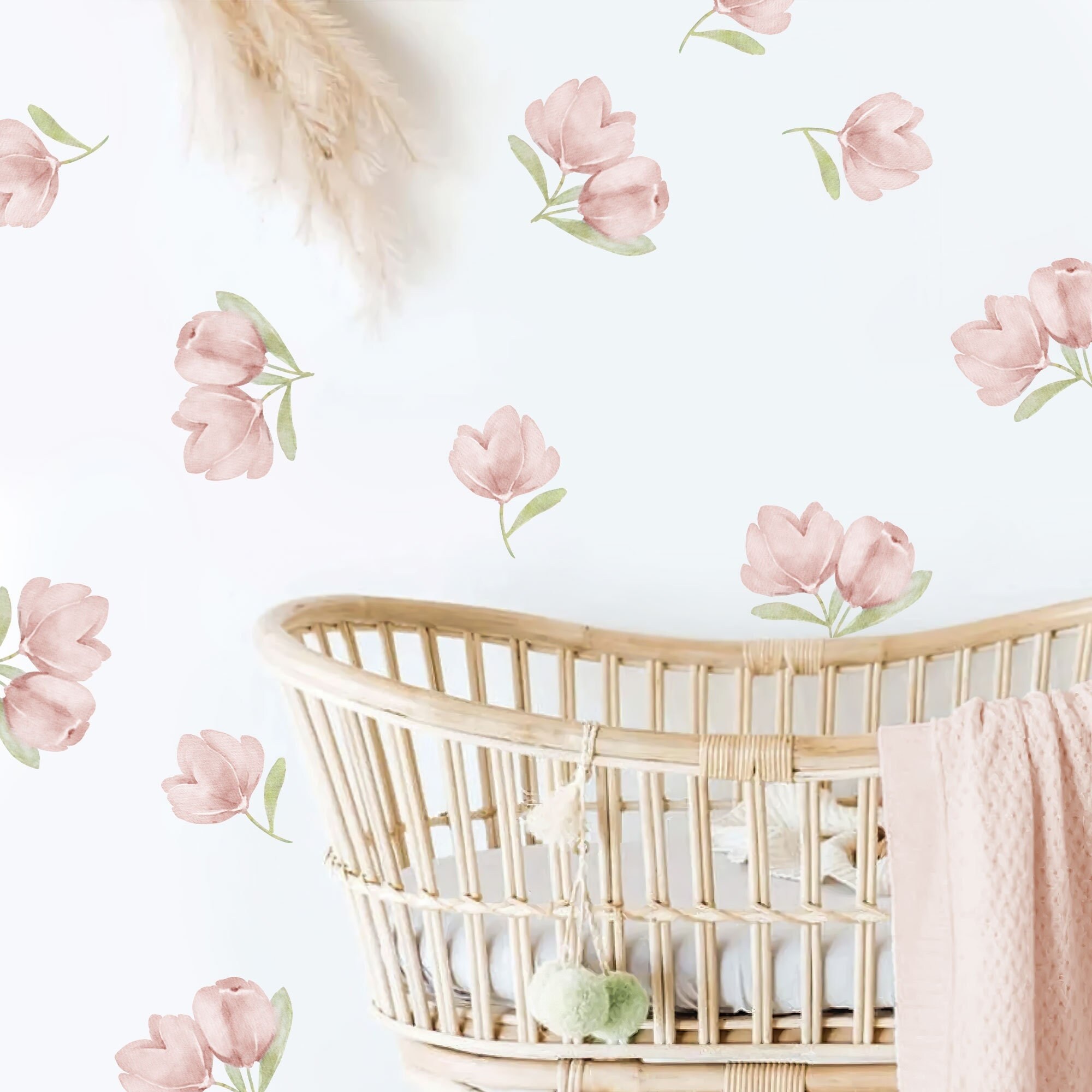 Pink Floral Wall Decal for Girls Room, Preppy Pink and Blue Flowers ...