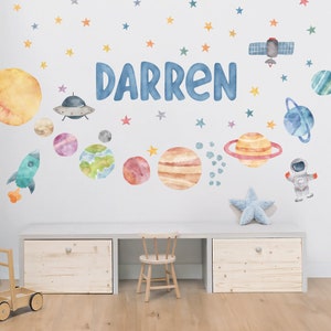 Personalized Watercolor Space Wall Decals: Solar System, Planets, Stars