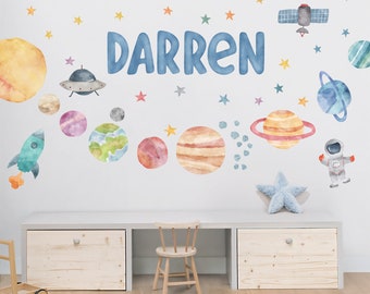 Personalized Space Wall Decals, Watercolor Solar System, Planet Wall Decals, Stars, Planets, Astronaut, Kids Wall Decals, Peel and Stick