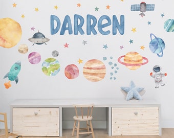 Gepersonaliseerde ruimte muur stickers, aquarel zonnestelsel, planeet muur stickers, sterren, planeten, astronaut, kinder muur stickers, Peel en Stick