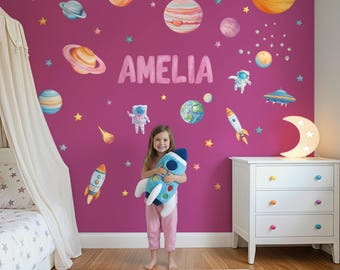 Personalized Space Wall Decals, Watercolor Solar System, Planet Wall Decals, Stars, Planets, Astronaut, Kids Wall Decals, Peel and Stick