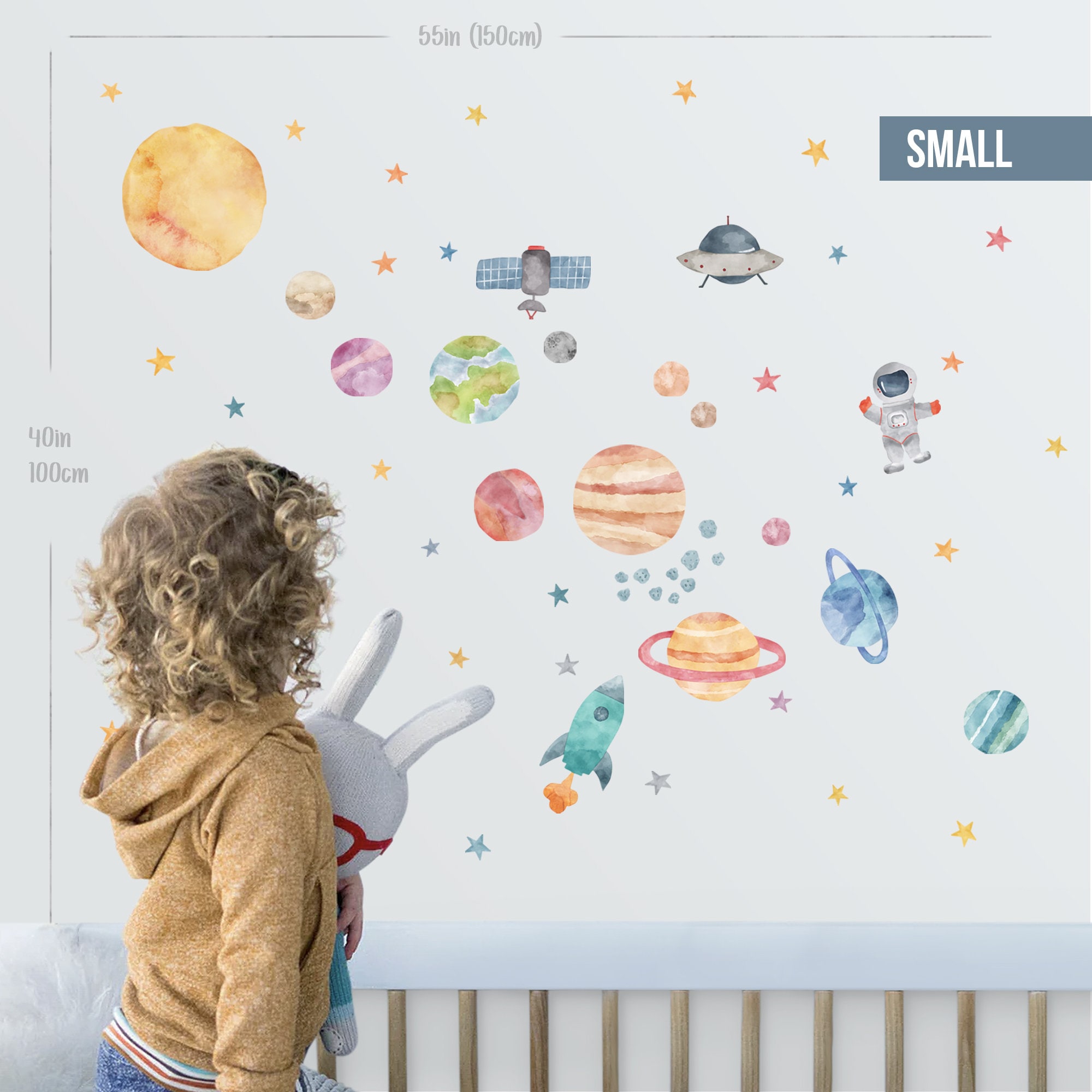 Space Wall Decals, Watercolor Solar System, Nursery Decals, Planet Wall Decals, Stars, Planets, Astronaut, Kids Wall Decals, Peel and Stick