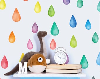 Watercolor Raindrop Wall Decals, Rainbow Drops Stickers, Colorful Rain Decal, Rainbow Nursery Raindrops Wall Decals