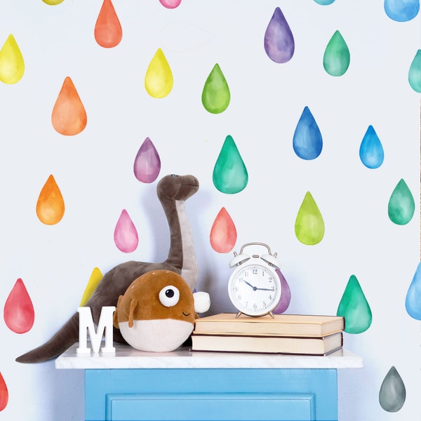 Aquarel regendruppel muur stickers, regenboog druppels stickers, kleurrijke regen sticker, regenboog kwekerij regendruppels muur stickers