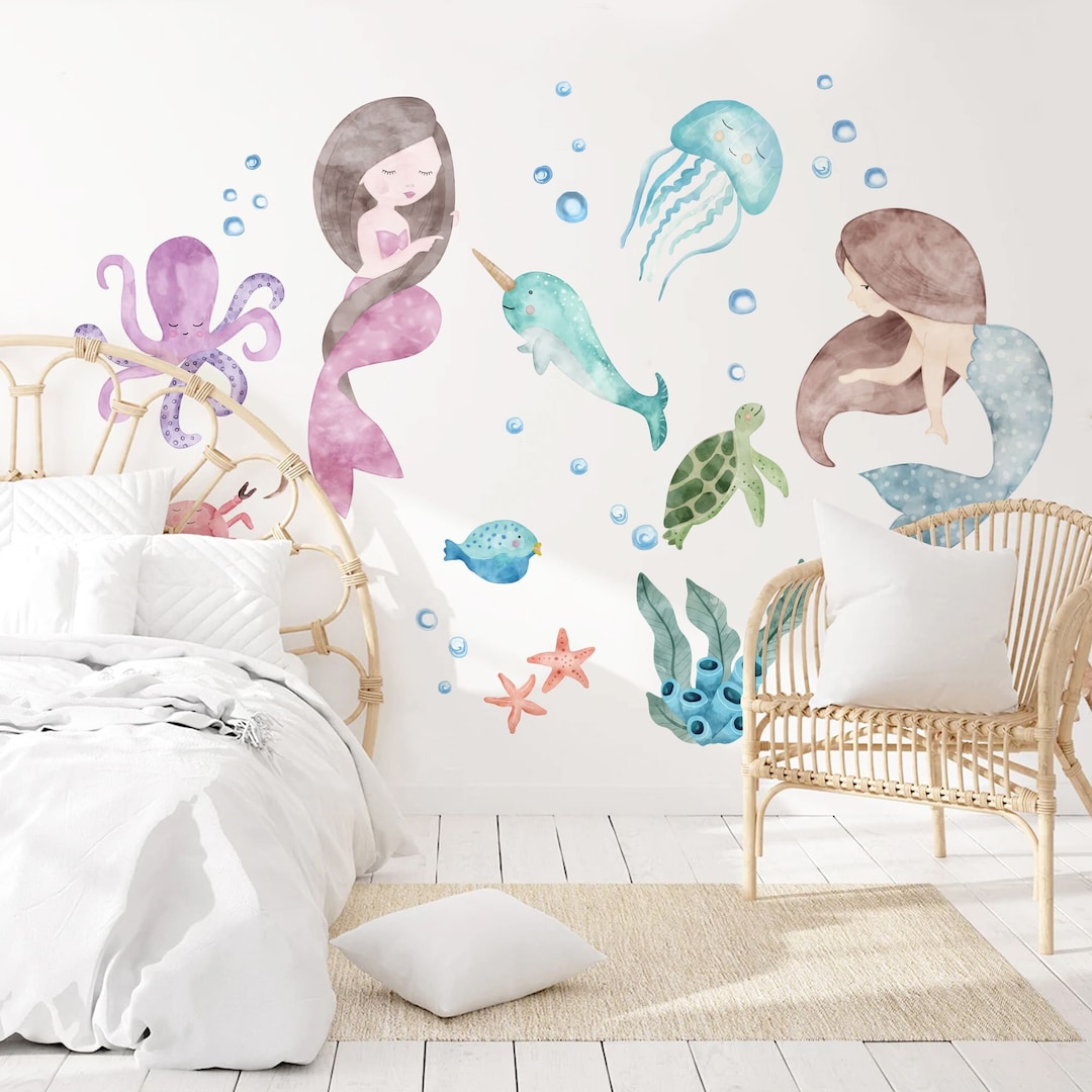 Watercolour Mermaid Wall Decal Set Sea Animals Wall Decal Etsy