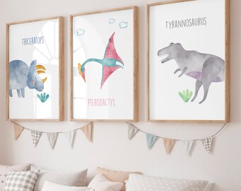 Dinosaur Prints, Set of 3 Posters, Dinosaur Wall Art, T Rex Print, Triceratops, Pterodactyl, Tyrannosaurus, Digital Download