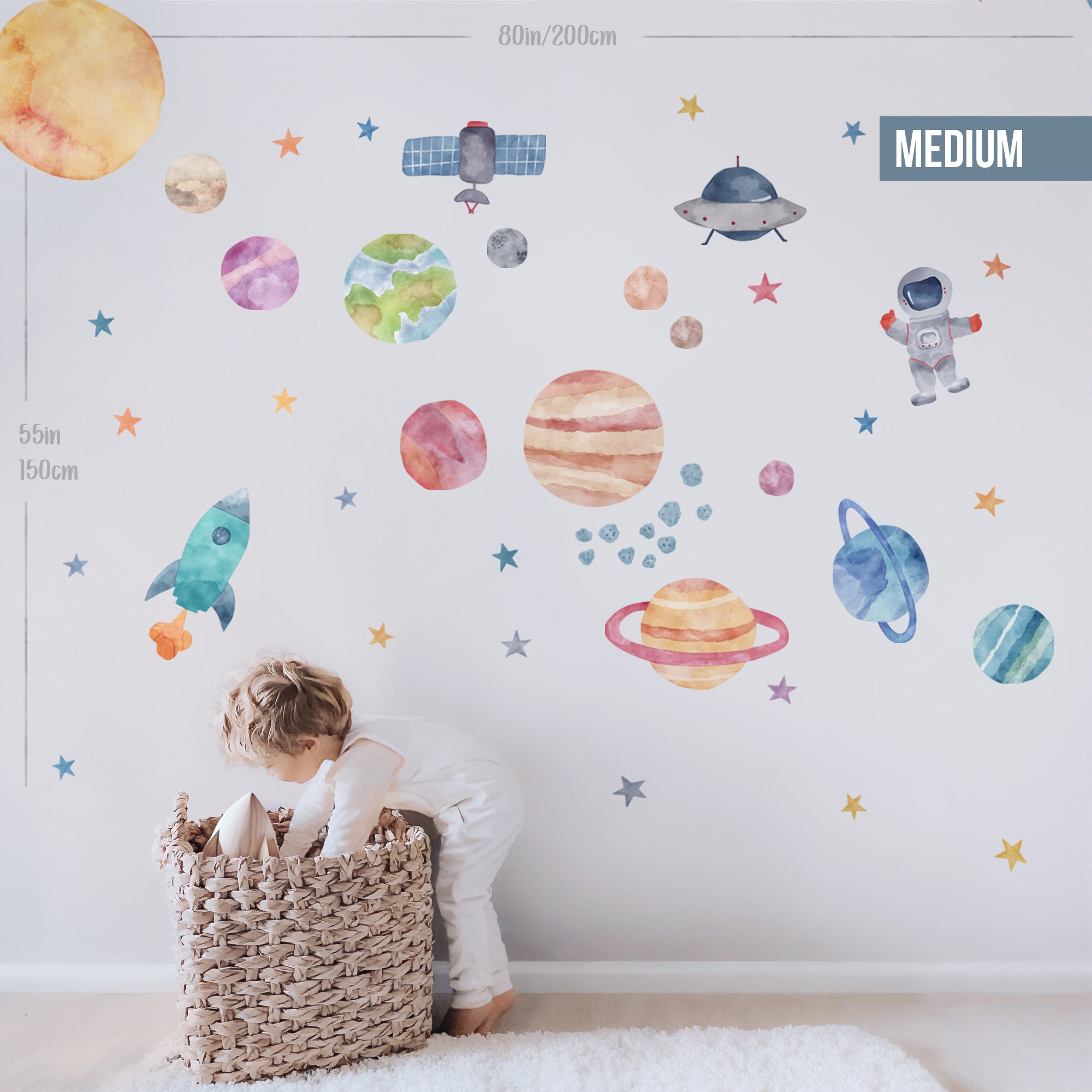 Space Wall Decals, Watercolor Solar System, Nursery Decals, Planet Wall Decals, Stars, Planets, Astronaut, Kids Wall Decals, Peel and Stick