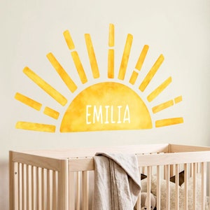 Personalized Half Sun Wall Decal, Rising Sun Wall Sticker, Nursery Watercolor Sun Wall Decals, Watercolor Yellow Sun