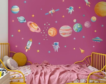 Space Wall Decals, Watercolor Solar System, Nursery Decals, Planet Wall Decals, Stars, Planets, Astronaut, Kids Wall Decals, Peel and Stick