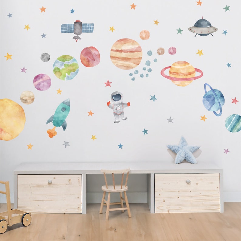 Calcomanías de pared espacial, sistema solar de acuarela, calcomanías de guardería, calcomanías de pared de planetas, estrellas, planetas, astronauta, calcomanías de pared para niños, pelar y pegar imagen 2