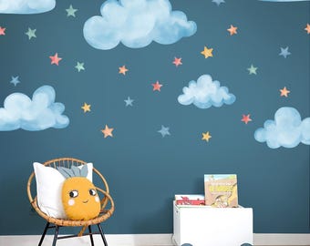 Watercolor Cloud and Star Wall Decals: Pastel Nursery Decor