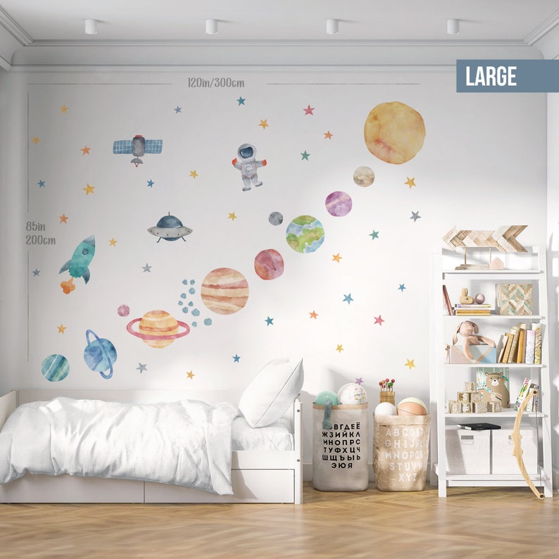 Planet Decals,Sun Decal,Outer Space Decor,Nursery Decal,Peel and Stick,Solar System Decals,Astronaut Wall Decal,Moon Wall Decals,Star Wall Stickers,Space Wall Decal,Sun and Planets,Watercolor Decor,Kids Room Decor