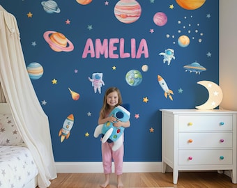 Personalized Space Wall Decals, Watercolor Solar System, Planet Wall Decals, Stars, Planets, Astronaut, Kids Wall Decals, Peel and Stick