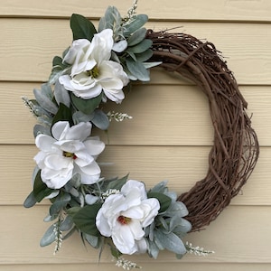 Wreath with Lamb’s Ear and Magnolias, Wreath with Lamb’s Ear, Wreath with Magnolias, Everyday Wreath, Farmhouse Wreath, Front Door Wreath,