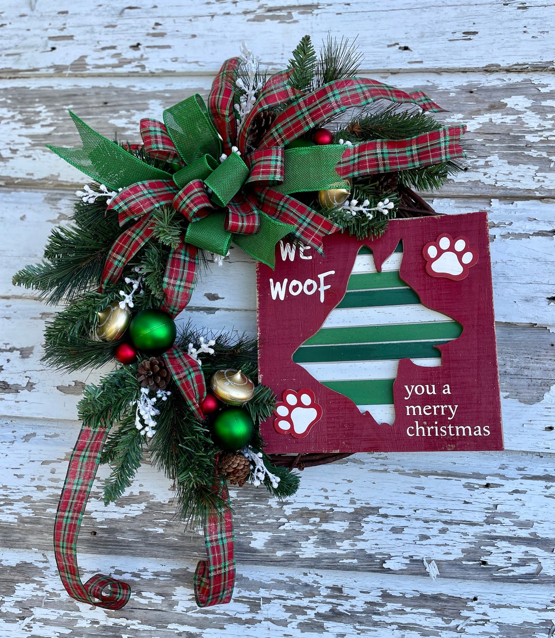 Dog Themed Christmas Wreath, Front Door Christmas Wreath With Dog, Red and Emerald Green