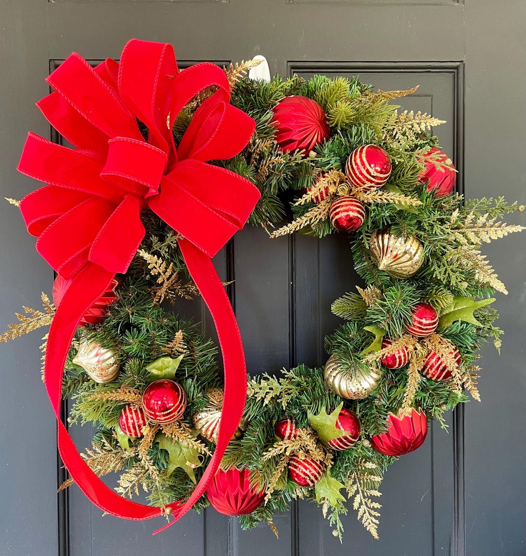 Evergreen Christmas Winter Front Door Wreath With Red Velvet Bow ...