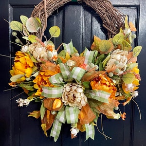 Orange and Green Fall Wreath, Orange Fall Wreath, Fall Front Door Hanger, Thanksgiving Wreath, Fall Home Decor, Front Door Hanger