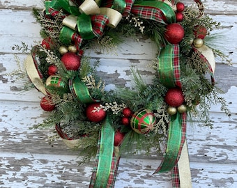 Red, Green, and Gold Plaid Christmas Front Door Wreath, Christmas Plaid Wreath, Traditional Christmas Red, Green, and Gold Plaid Wreath,