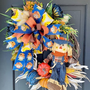Scarecrow Fall Wreath, Orange and Blue Fall Wreath, Fall Front Door Wreath, Kids Fall Wreath, Front Door Hanger, Fall Home Decor