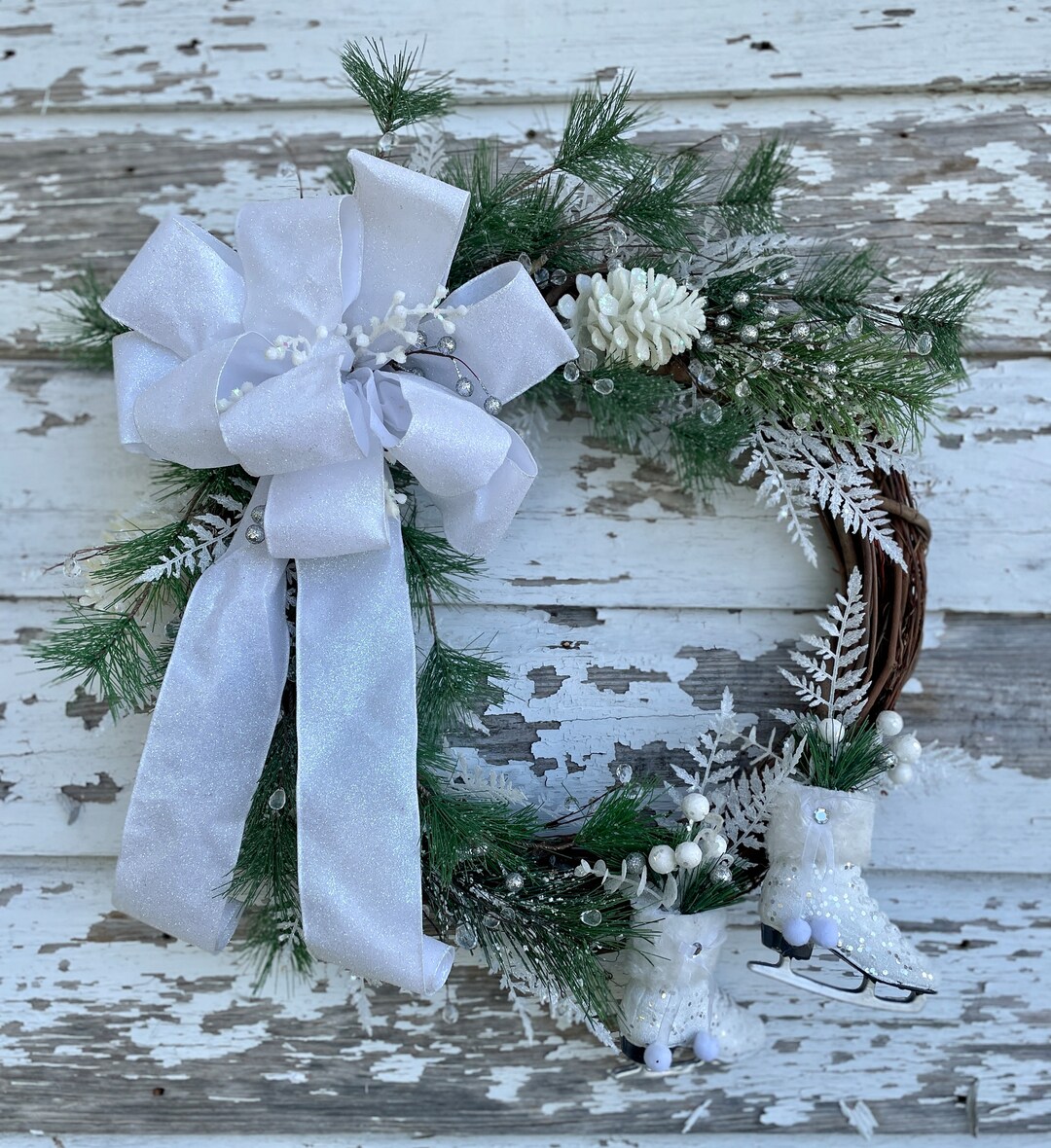 Ice Skating Winter Wreath, Winter Wreath With Ice Skates, Snowy White