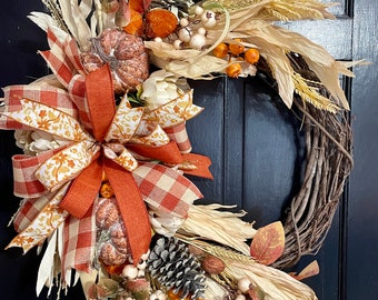 Rustic Fall Harvest Wreath, Farmhouse Fall Wreath, Orange and Cream Fall Wreath, Autumn Wreath, Rust Thanksgiving Wreath, Front Door Wreath