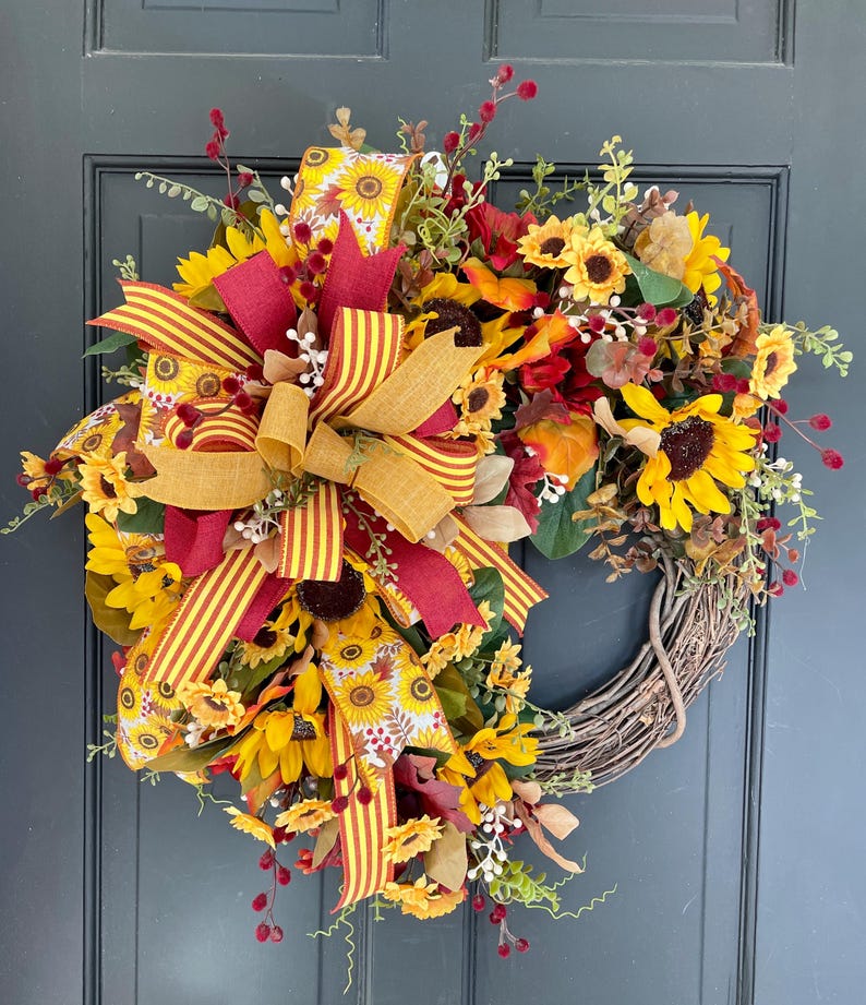 Sunflower Grapevine Wreath With Maroon Accents, Fall Home Decor (20 ...