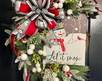 Let It Snow Wreath, Snowman Wreath, Red Christmas Wreath, Holiday Wreath, Christmas Front Door Hanger, Christmas Home Decor, Holiday Decor
