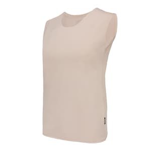 May include: A sleeveless, light beige tank top.