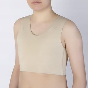 May include: A beige sleeveless undershirt with a scoop neck.