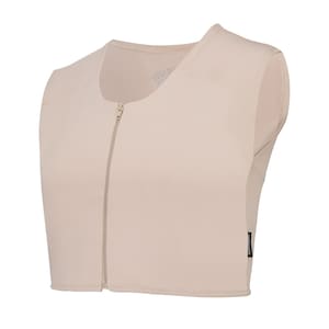 May include: A sleeveless, beige zippered vest with a small black label on the side.