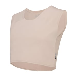May include: A sleeveless, light beige undershirt with a scoop neck. The shirt has a small tag on the bottom right side.