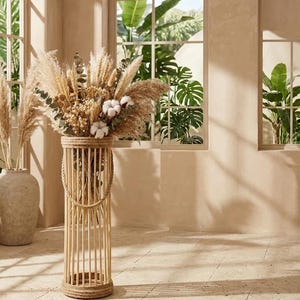 Große Boho Holzvase 16 cm, Hohe Bambuskäfig Dekorative Vase, Seil Gewickelt Grashalter, Bauernhaus Trockenblumentopf, Boho Tischdekoration