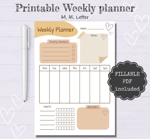 Weekly Planner Printable Editable Weekly Planner Weekly - Etsy