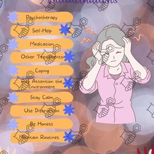 May include: A graphic illustration of a person experiencing hallucinations, with a list of coping mechanisms to help manage them. The list includes psychotherapy, self-help, medication, other treatments, coping, paying attention to the environment, staying calm, using distraction, being honest, and maintaining routines. The graphic also includes the text "How to treat Hallucinations" and the social media handle "@psychsupports".