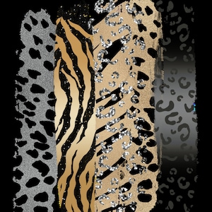May include: Three vertical stripes of animal print fabric in black, gold, and silver. The left stripe is a black and silver leopard print, the middle stripe is a black and gold zebra print, and the right stripe is a black and gold leopard print with silver glitter.