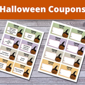 May include: Printable Halloween coupons featuring a jack-o'-lantern design. The coupons are good for various activities, such as a ghost walk, pumpkin carving lessons, and a scary movie night.
