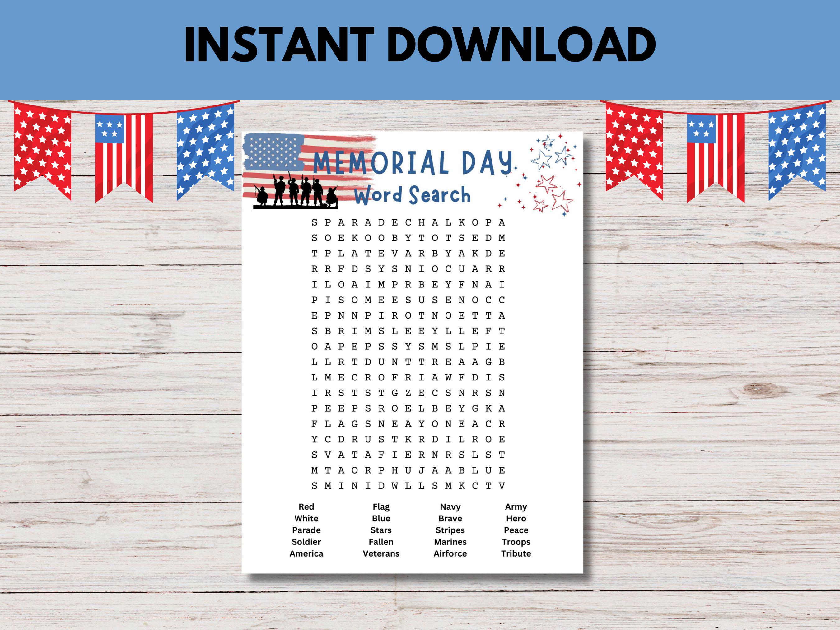 Memorial Day Word Search Printable, Patriotic Puzzle (digital Download ...