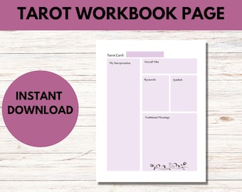 May include: Printable tarot workbook page with sections for tarot card, my interpretation, overall vibe, keywords, symbols, and traditional meanings. The page has a light purple background with a floral design at the bottom.