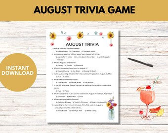 August Trivia Game Printable, Summer Puzzle, August Memorabilia
